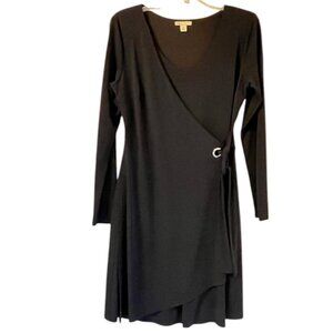Black Faux Wrap Dress Size M | Long Sleeve Knee Length | Stretch Knit